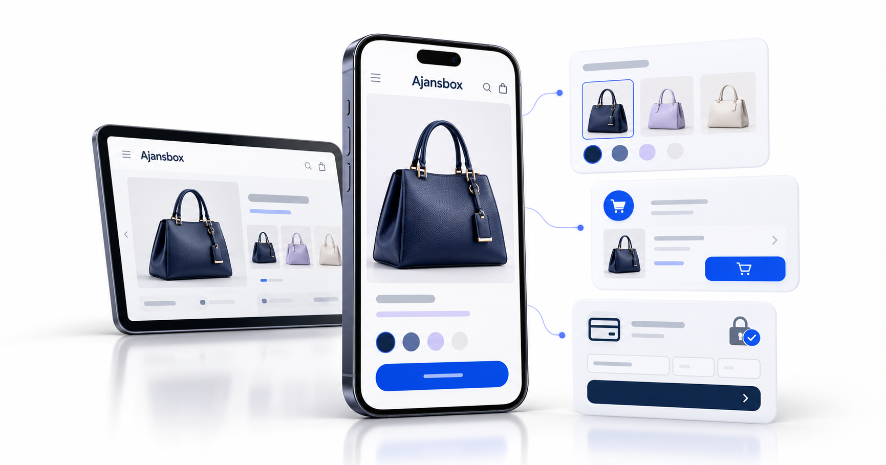 Ajansbox mobil mağazasının ürün, sepet ve ödeme adımlarını gösteren akıllı telefon ve ekran kartları