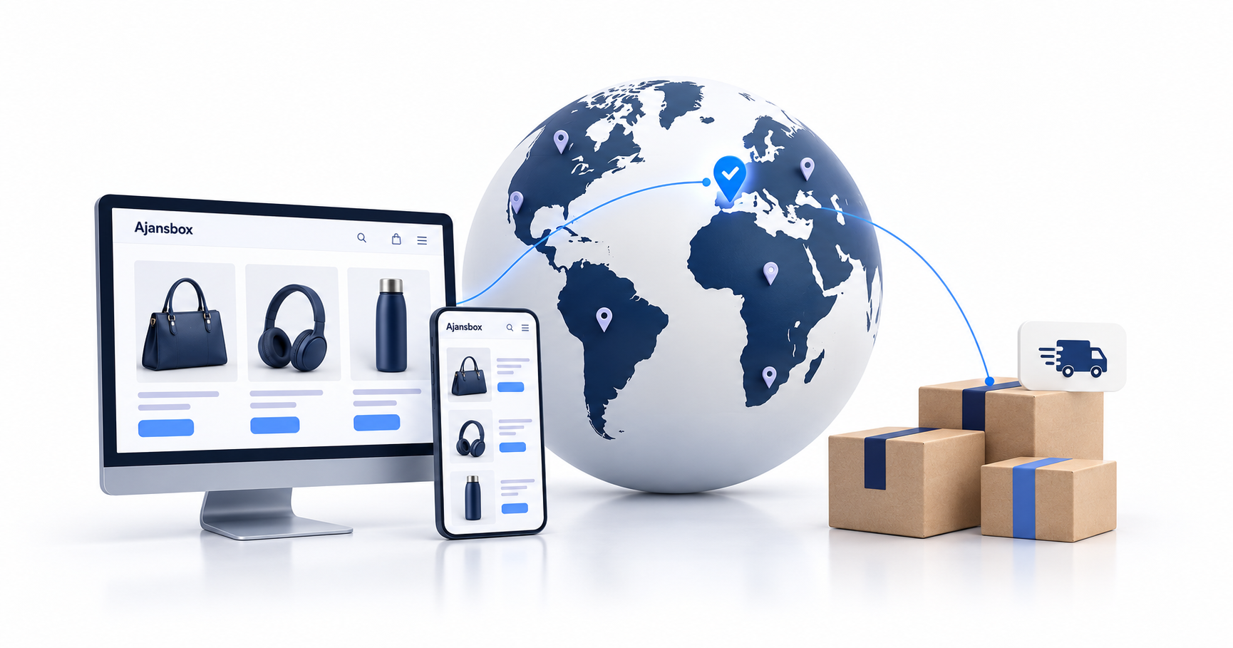 Ajansbox mağaza ekranı, dünya küresi ve kargo paketleriyle e-ihracatta hedef pazar seçimini anlatan illüstrasyon