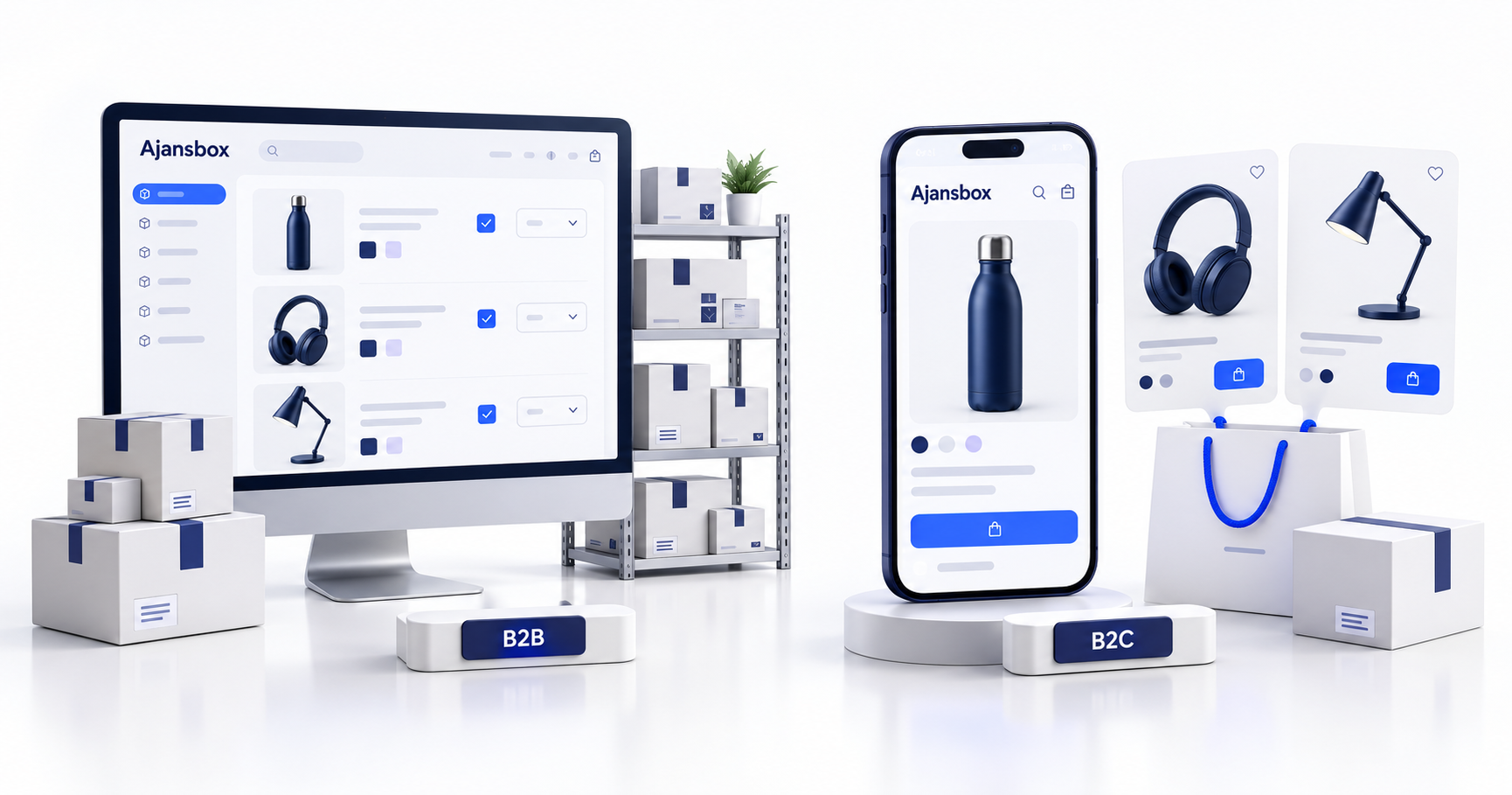 Ajansbox ile işletmelere satış ve tüketici alışverişini temsil eden B2B ve B2C e-ticaret ekranları