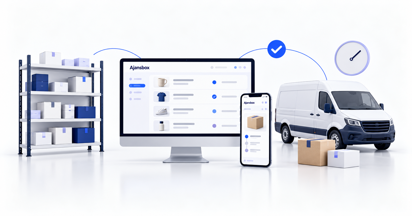 Ajansbox sipariş ekranı, depo rafı, paketler ve dağıtım aracıyla hızlı teslimat sürecini anlatan illüstrasyon
