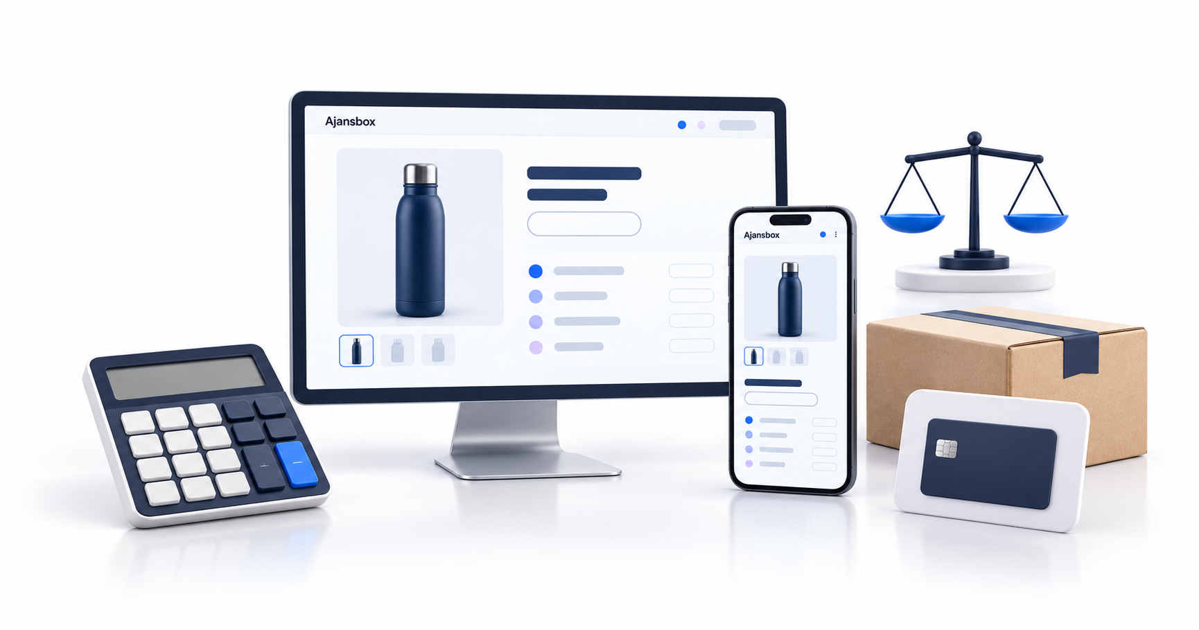 Ajansbox fiyat ekranı, hesap makinesi, paket ve ödeme simgeleriyle e-ticarette fiyatlandırmayı anlatan illüstrasyon