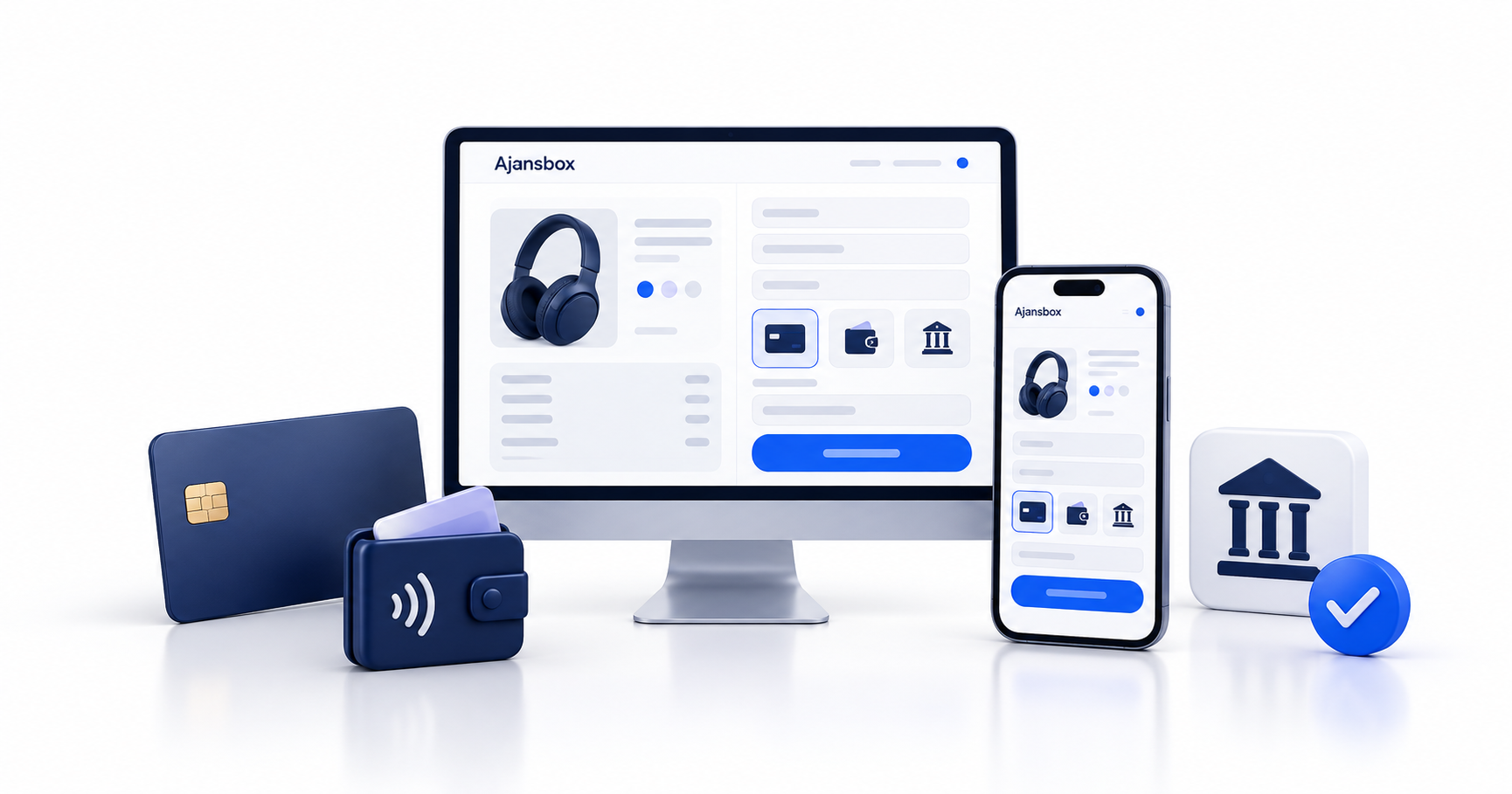 Ajansbox mağaza ekranı, kart, dijital cüzdan ve banka simgeleriyle e-ticarette ödeme seçeneklerini anlatan illüstrasyon