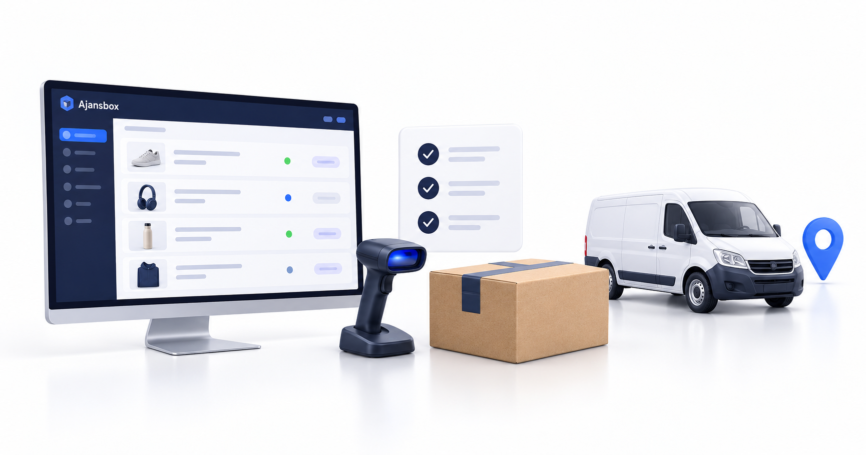 Ajansbox sipariş ekranı, kontrol listesi ve kargo paketiyle siparişten teslimata iş akışını anlatan illüstrasyon