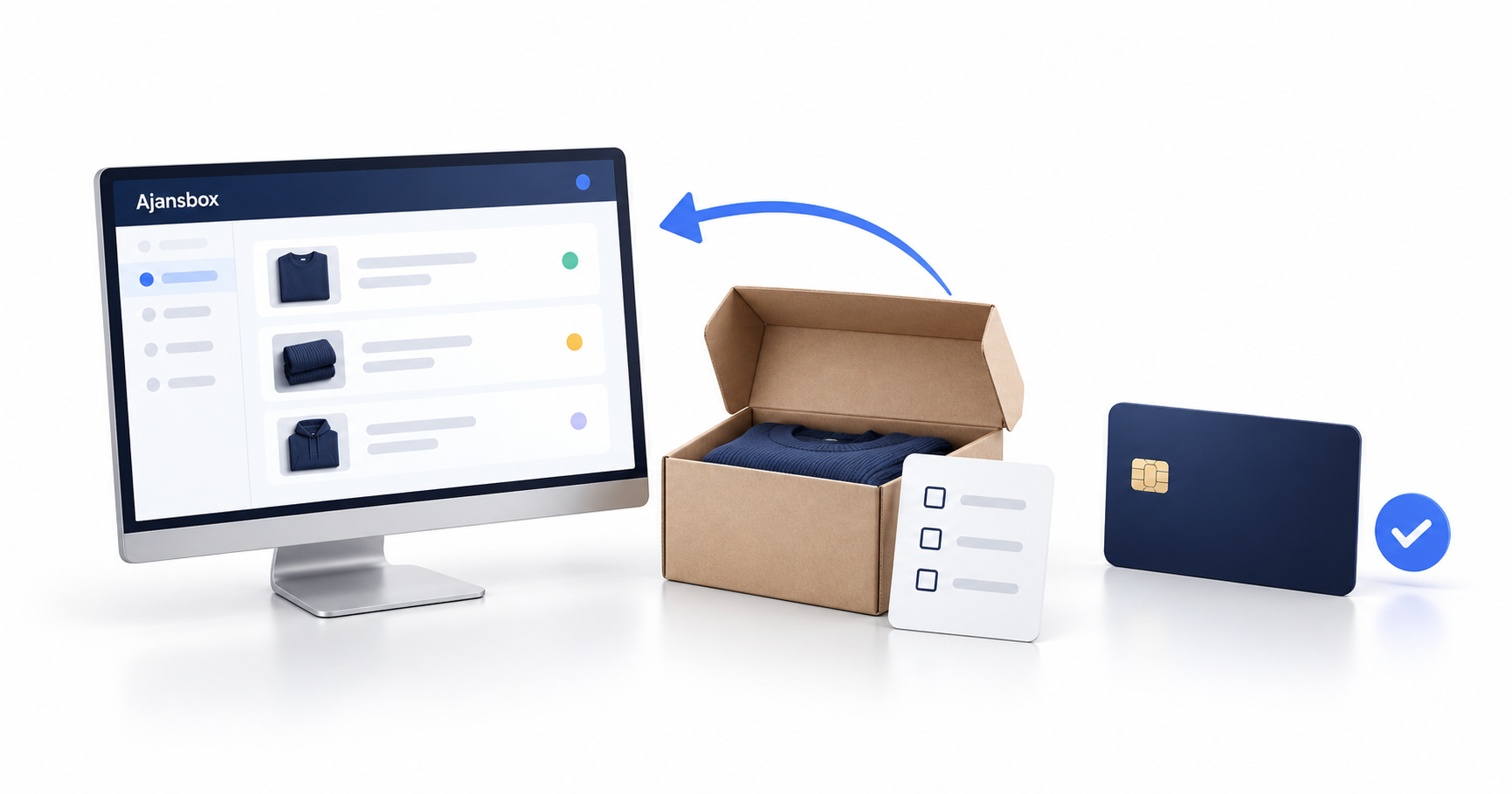 Ajansbox ekranı, geri dönüş oku, iade paketi ve ödeme simgesiyle e-ticarette iade yönetimini anlatan illüstrasyon