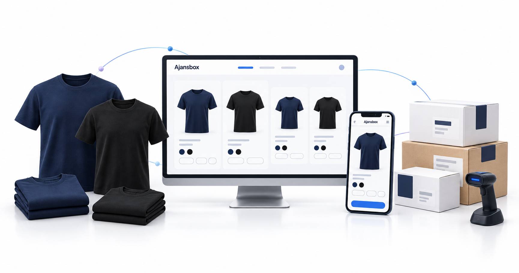 Ajansbox mağaza ekranı, farklı renk ve bedenlerde ürünler ve stok etiketleriyle ürün varyantı yönetimini anlatan illüstrasyon