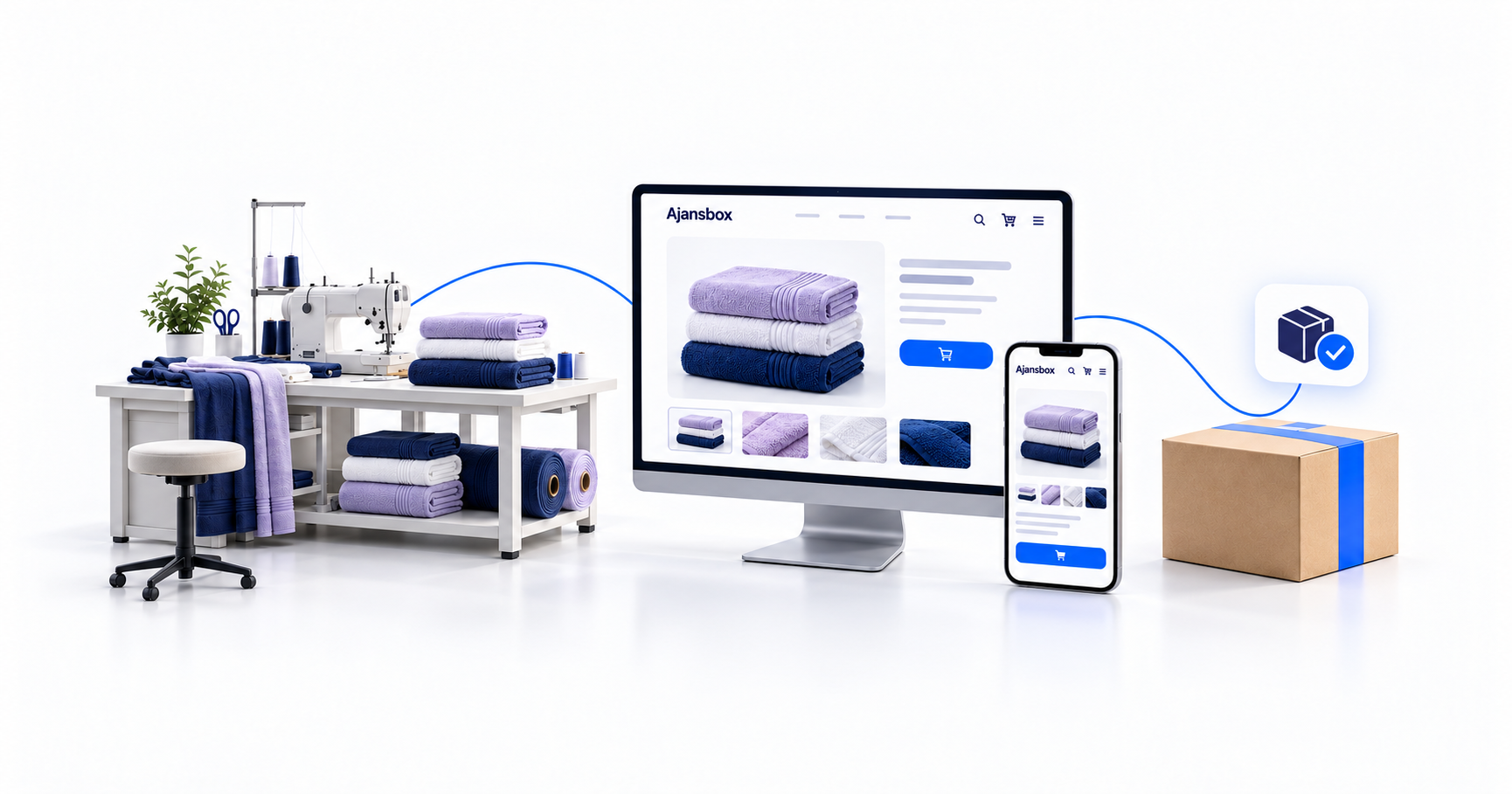 Üretimi, Ajansbox ekranlı internet mağazasını ve tüketiciye gönderilen paketi temsil eden D2C e-ticaret illüstrasyonu