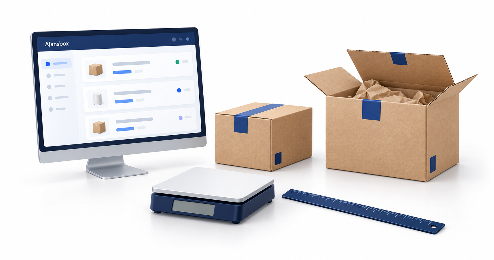 Ajansbox ekranı, farklı boyutlardaki kutular, cetvel ve tartıyla desi ve paketleme maliyetlerini anlatan illüstrasyon