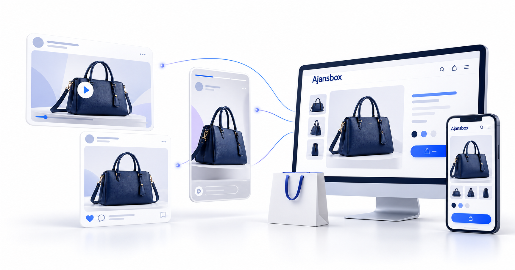 Sosyal medya içeriklerinden Ajansbox e-ticaret mağazasına geçişi gösteren telefon ve ürün kartları