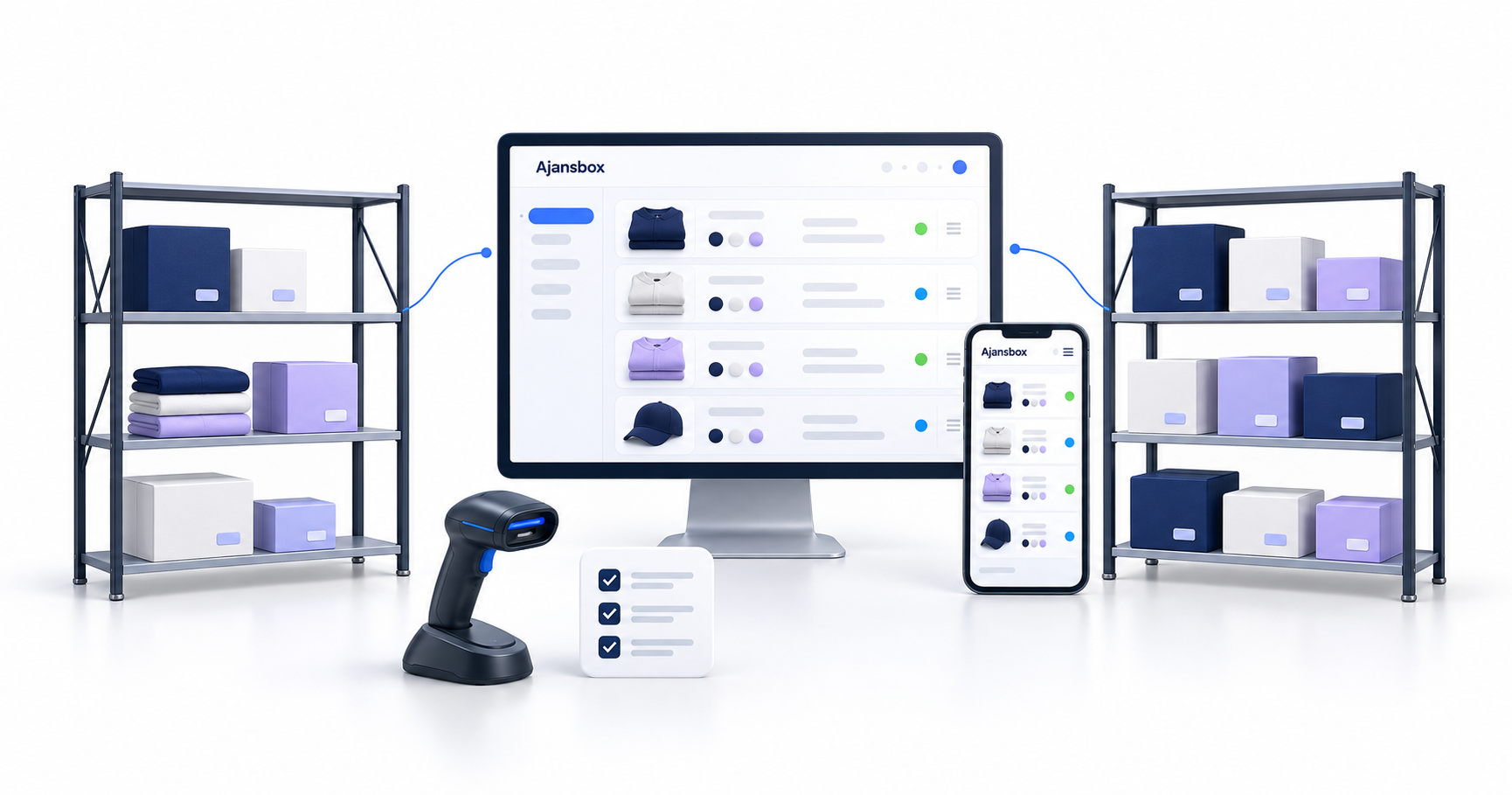 Ajansbox stok ekranı, ürün rafları, varyant kutuları ve barkod okuyucuyla e-ticarette stok yönetimini anlatan illüstrasyon